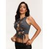 imageOYOANGLE Womens Cut Out Lace Up Round Neck Tie Front Asymmetrical Hem Crop Tank TopDeep Grey