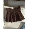 imageOYOANGLE Womens Drawstring Tie Front Strapless Tube Tops Ruched Flared Peplum Bandeau TopBrown
