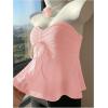 imageOYOANGLE Womens Drawstring Tie Front Strapless Tube Tops Ruched Flared Peplum Bandeau TopLight Pink