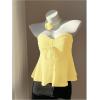 imageOYOANGLE Womens Drawstring Tie Front Strapless Tube Tops Ruched Flared Peplum Bandeau TopYellow