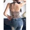 imageOYOANGLE Womens Leopard Print Halter Camisole Ruffle V Neck Trendy Sleeveless Fitted Tank TopsBrown