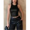 imageOYOANGLE Womens Metallic Ruched Round Neck Sleeveless Tank Top Y2K Slim Fitted Sports Casual Crop TopsBlack