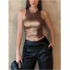 imageOYOANGLE Womens Metallic Ruched Round Neck Sleeveless Tank Top Y2K Slim Fitted Sports Casual Crop TopsBronze