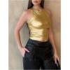 imageOYOANGLE Womens Metallic Ruched Round Neck Sleeveless Tank Top Y2K Slim Fitted Sports Casual Crop TopsGold