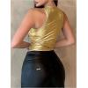 imageOYOANGLE Womens Metallic Ruched Round Neck Sleeveless Tank Top Y2K Slim Fitted Sports Casual Crop TopsGold