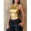 imageOYOANGLE Womens Metallic Ruched Round Neck Sleeveless Tank Top Y2K Slim Fitted Sports Casual Crop TopsGold
