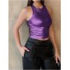 imageOYOANGLE Womens Metallic Ruched Round Neck Sleeveless Tank Top Y2K Slim Fitted Sports Casual Crop TopsPurple