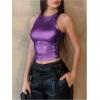 imageOYOANGLE Womens Metallic Ruched Round Neck Sleeveless Tank Top Y2K Slim Fitted Sports Casual Crop TopsPurple