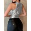 imageOYOANGLE Womens Metallic Ruched Round Neck Sleeveless Tank Top Y2K Slim Fitted Sports Casual Crop TopsSilver