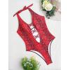 imageOYOANGLE Womens Snakeskin Print Plunge Neck Cut Out Backless Halter One Piece Swimsuit SwimwearBurgundy