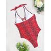 imageOYOANGLE Womens Snakeskin Print Plunge Neck Cut Out Backless Halter One Piece Swimsuit SwimwearBurgundy