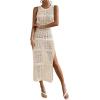 imageOYOANGLE Womens Crochet Hollow Out Sleeveless Split Thigh Beach Midi Tank Dress Bikini Cover UpsApricot