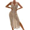 imageOYOANGLE Womens Crochet Hollow Out Swimsuit Cover Up Deep V Neck Sleeveless Beach Midi Dress SwimwearMocha Brown