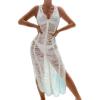imageOYOANGLE Womens Crochet Hollow Out Swimsuit Cover Up Deep V Neck Sleeveless Beach Midi Dress SwimwearWhite
