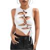 imageOYOANGLE Womens Cut Out Lace Up Round Neck Tie Front Asymmetrical Hem Crop Tank TopBeige