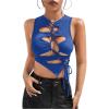 imageOYOANGLE Womens Cut Out Lace Up Round Neck Tie Front Asymmetrical Hem Crop Tank TopRoyal Blue