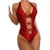 imageOYOANGLE Womens Snakeskin Print Plunge Neck Cut Out Backless Halter One Piece Swimsuit SwimwearBurgundy