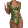 imageOYOANGLE Womens Snakeskin Print Plunge Neck Cut Out Backless Halter One Piece Swimsuit SwimwearGreen