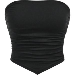 imageOYOANGLE Girls Strapless Ruched Tube Top Asymmetrical Hem Party Bandeau TopsBlack