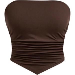 imageOYOANGLE Girls Strapless Ruched Tube Top Asymmetrical Hem Party Bandeau TopsBrown