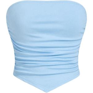 imageOYOANGLE Girls Strapless Ruched Tube Top Asymmetrical Hem Party Bandeau TopsLight Blue
