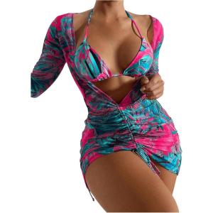 imageOYOANGLE Womens 3 Piece Swimsuit Floral Print Halter Bikini Set Bathing Suit with Beach Cover UpsGreen and Pink