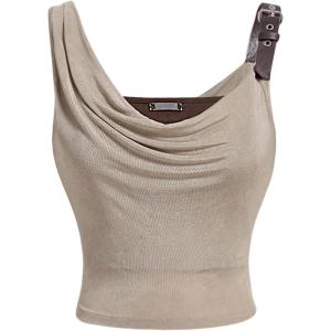 imageOYOANGLE Womens Cowl Neck Cami Tops Sleeveless Draped Front Slim Fit Camisoles Y2K Rib Knit Tank TopKhaki