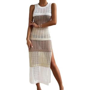 imageOYOANGLE Womens Crochet Hollow Out Sleeveless Split Thigh Beach Midi Tank Dress Bikini Cover UpsWhite