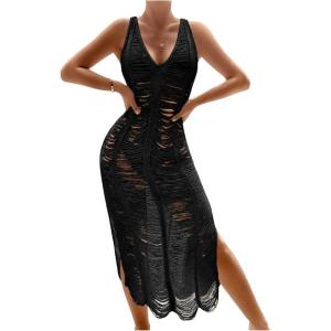 imageOYOANGLE Womens Crochet Hollow Out Swimsuit Cover Up Deep V Neck Sleeveless Beach Midi Dress SwimwearBlack