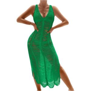 imageOYOANGLE Womens Crochet Hollow Out Swimsuit Cover Up Deep V Neck Sleeveless Beach Midi Dress SwimwearGreen