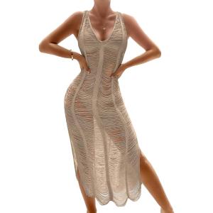 imageOYOANGLE Womens Crochet Hollow Out Swimsuit Cover Up Deep V Neck Sleeveless Beach Midi Dress SwimwearMocha Brown