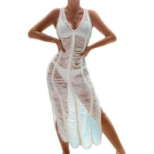 imageOYOANGLE Womens Crochet Hollow Out Swimsuit Cover Up Deep V Neck Sleeveless Beach Midi Dress SwimwearWhite