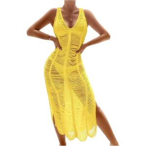 imageOYOANGLE Womens Crochet Hollow Out Swimsuit Cover Up Deep V Neck Sleeveless Beach Midi Dress SwimwearYellow