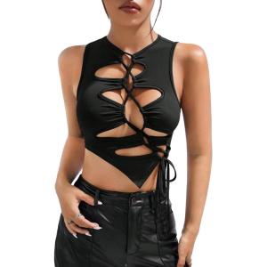 imageOYOANGLE Womens Cut Out Lace Up Round Neck Tie Front Asymmetrical Hem Crop Tank TopBlack
