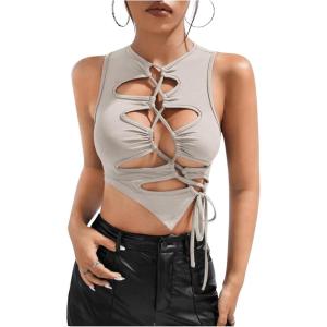 imageOYOANGLE Womens Cut Out Lace Up Round Neck Tie Front Asymmetrical Hem Crop Tank TopLight Grey