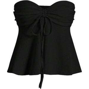 imageOYOANGLE Womens Drawstring Tie Front Strapless Tube Tops Ruched Flared Peplum Bandeau TopBlack