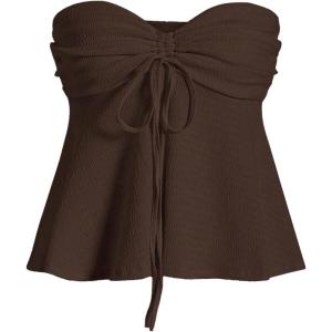 imageOYOANGLE Womens Drawstring Tie Front Strapless Tube Tops Ruched Flared Peplum Bandeau TopBrown