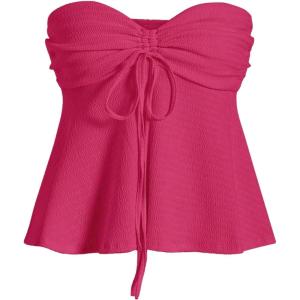 imageOYOANGLE Womens Drawstring Tie Front Strapless Tube Tops Ruched Flared Peplum Bandeau TopHot Pink