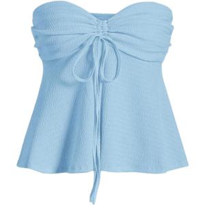 imageOYOANGLE Womens Drawstring Tie Front Strapless Tube Tops Ruched Flared Peplum Bandeau TopLight Blue