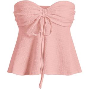 imageOYOANGLE Womens Drawstring Tie Front Strapless Tube Tops Ruched Flared Peplum Bandeau TopLight Pink