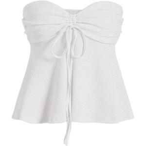 imageOYOANGLE Womens Drawstring Tie Front Strapless Tube Tops Ruched Flared Peplum Bandeau TopWhite