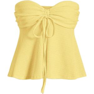 imageOYOANGLE Womens Drawstring Tie Front Strapless Tube Tops Ruched Flared Peplum Bandeau TopYellow