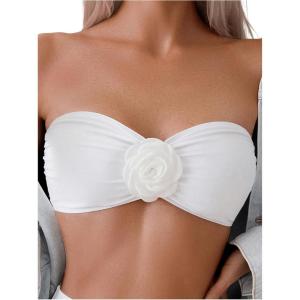imageOYOANGLE Womens Floral Appliques Bikini Bandeau Tops Strapless Ruched Tube Top SwimwearWhite