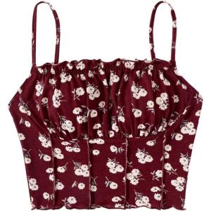 imageOYOANGLE Womens Floral Print Cami Crop Top Ruched Frilly Trim Spaghetti Strap Fitted CamisolesBurgundy