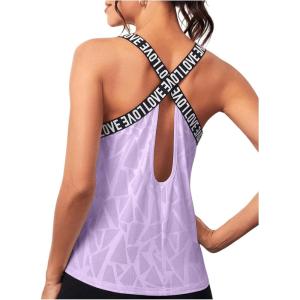 imageOYOANGLE Womens Letter Tape Criss Cross Cut Out Workout Tank Tops Gym Sleeveless Shirts ActivewearPurple