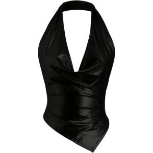 imageOYOANGLE Womens Low Cut Ruched Halter Tops Draped Cowl Neck Asymmetrical Hem Tank TopsBlack