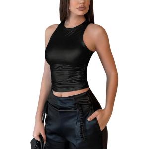 imageOYOANGLE Womens Metallic Ruched Round Neck Sleeveless Tank Top Y2K Slim Fitted Sports Casual Crop TopsBlack