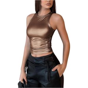 imageOYOANGLE Womens Metallic Ruched Round Neck Sleeveless Tank Top Y2K Slim Fitted Sports Casual Crop TopsBronze