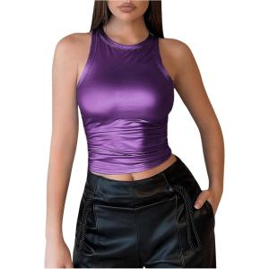 imageOYOANGLE Womens Metallic Ruched Round Neck Sleeveless Tank Top Y2K Slim Fitted Sports Casual Crop TopsPurple