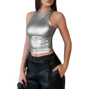 imageOYOANGLE Womens Metallic Ruched Round Neck Sleeveless Tank Top Y2K Slim Fitted Sports Casual Crop TopsSilver